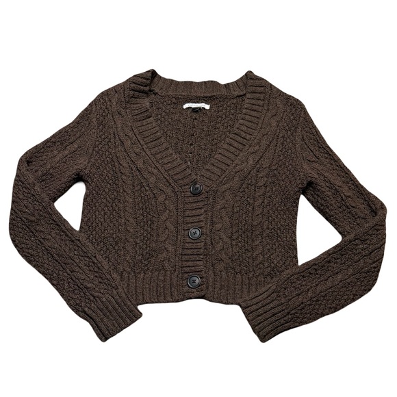 🤎 American Eagle Y2K Cable Knit Cropped Cardigan Brown Size Small 🤎 - Picture 2 of 6